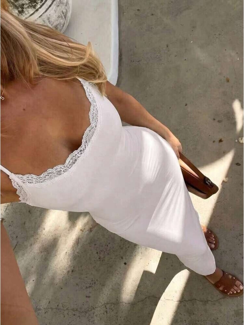 Skims Women’s Size Med Soft Lounge Lace Trim Long Slip Dress White Bodycon